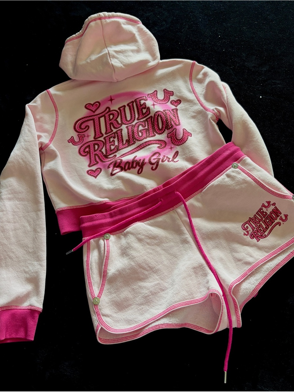 True Religion Pink and Hot Pink Airbrushed Hoodie & Shorts Two Piece Set